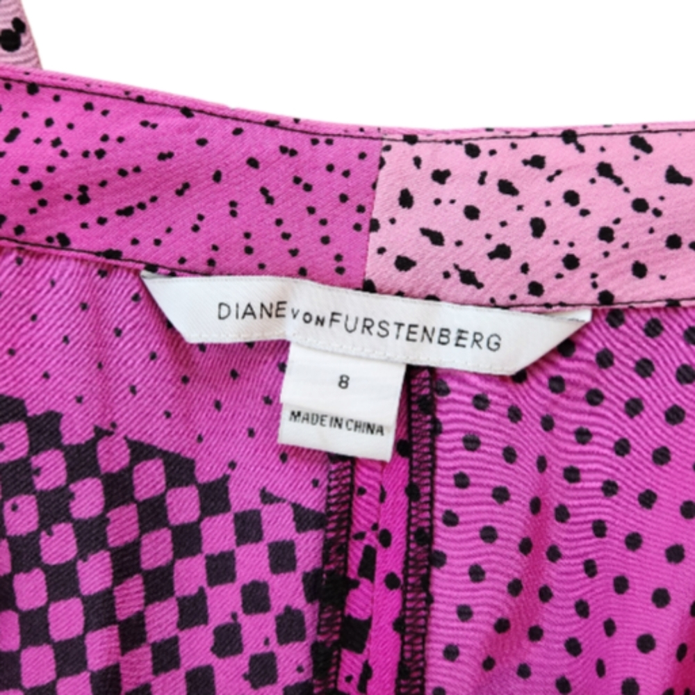 DIANE VON FURSTENBERG Pink Silk Speckle Print Madison Pants 100% silk size 8